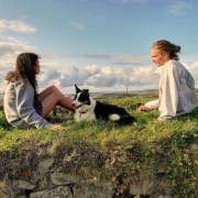 Happy couple and dog in the sun